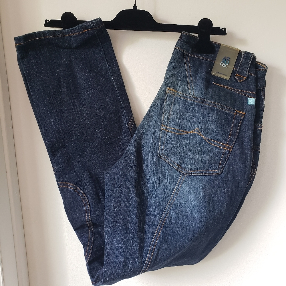 Azzure blue jeans with gold contrast stitch design
